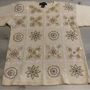 Vintage Work In Progress Ivory Sequin Beaded Cotton Blend Crewneck Sweater, M